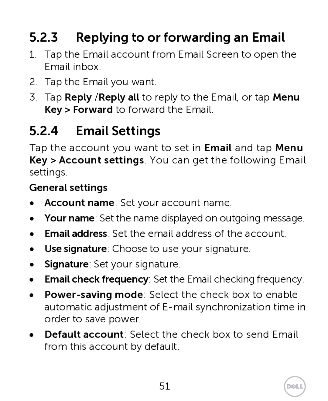 Dell XCD35 user manual Replying to or forwarding an Email, Email Settings, General settings 