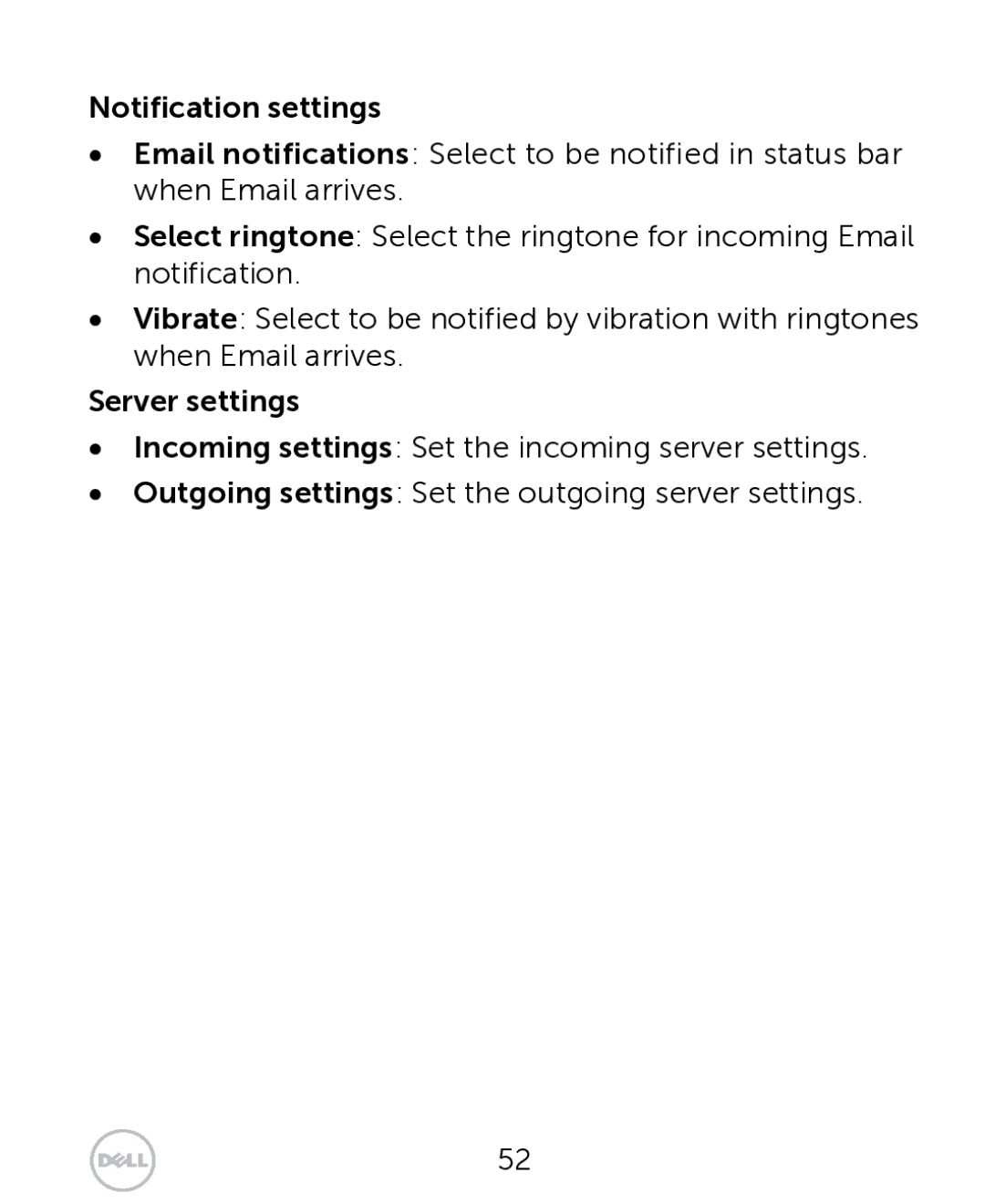 Dell XCD35 user manual Notification settings, Server settings 