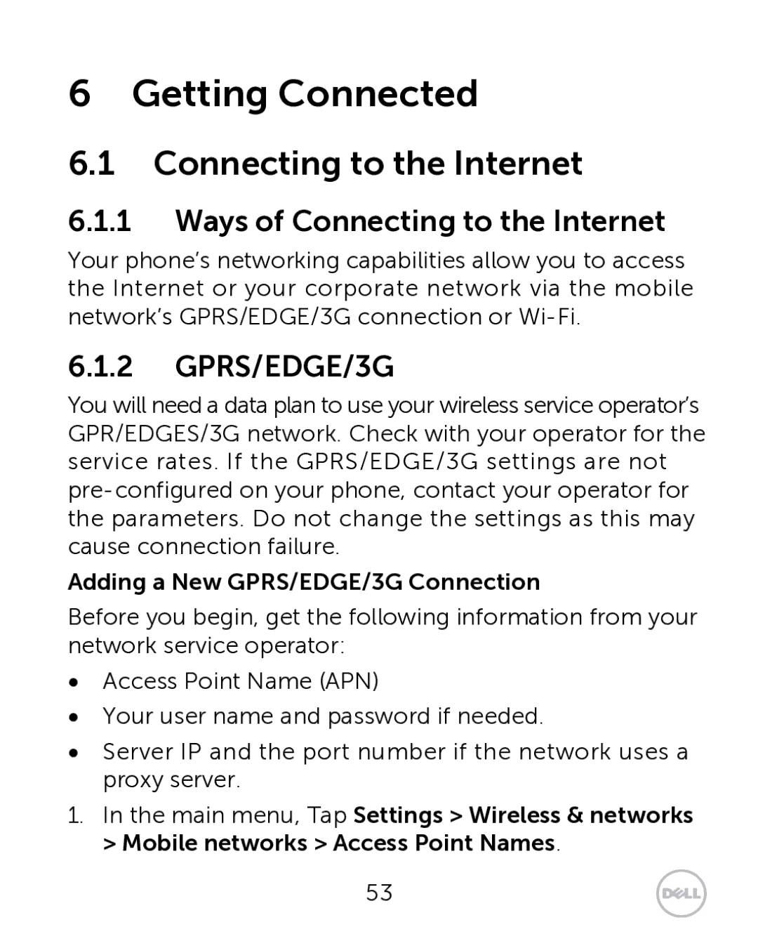 Dell XCD35 user manual Getting Connected, Ways of Connecting to the Internet, Adding a New GPRS/EDGE/3G Connection 