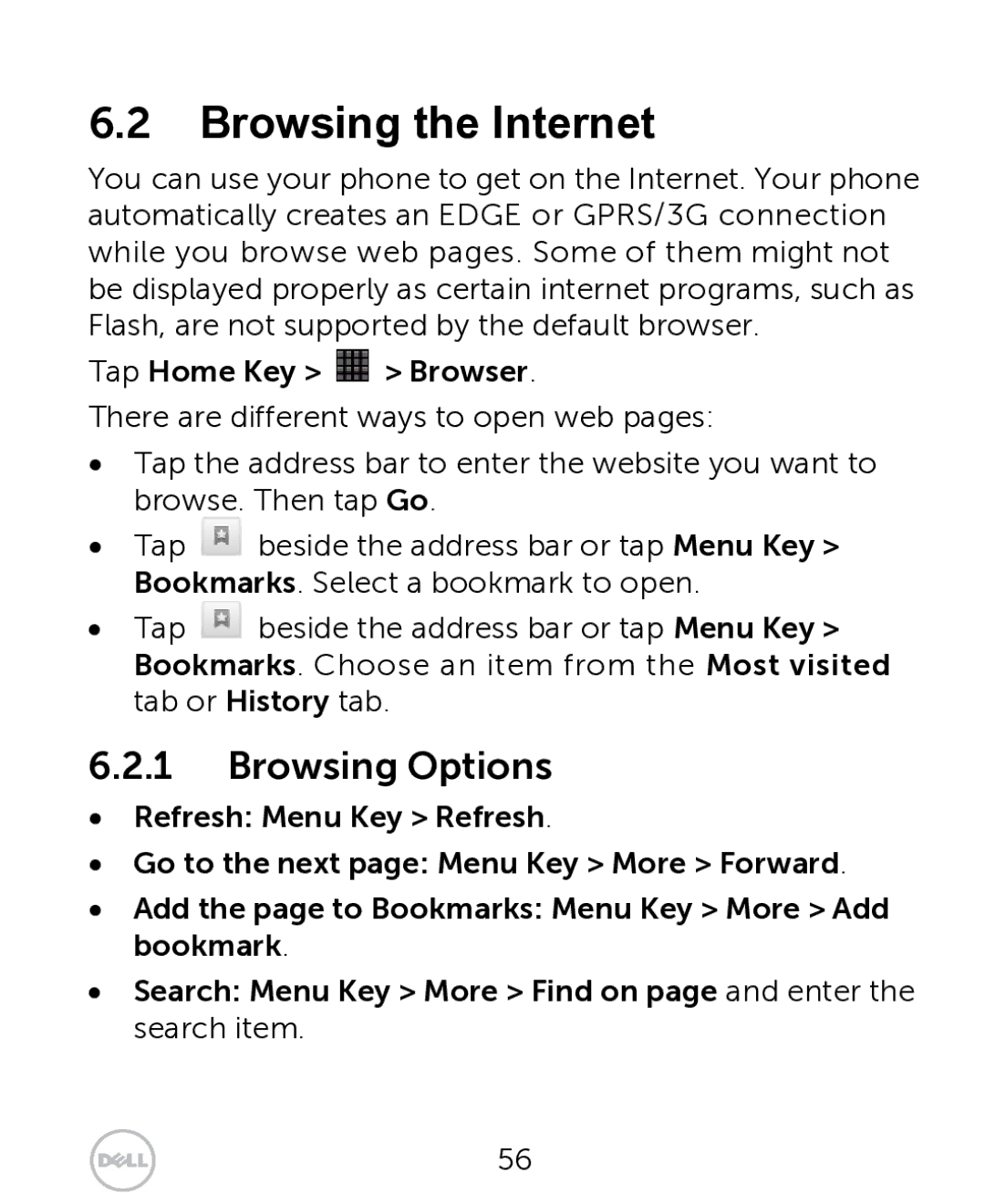 Dell XCD35 user manual Browsing the Internet, Browsing Options, Tap Home Key Browser 