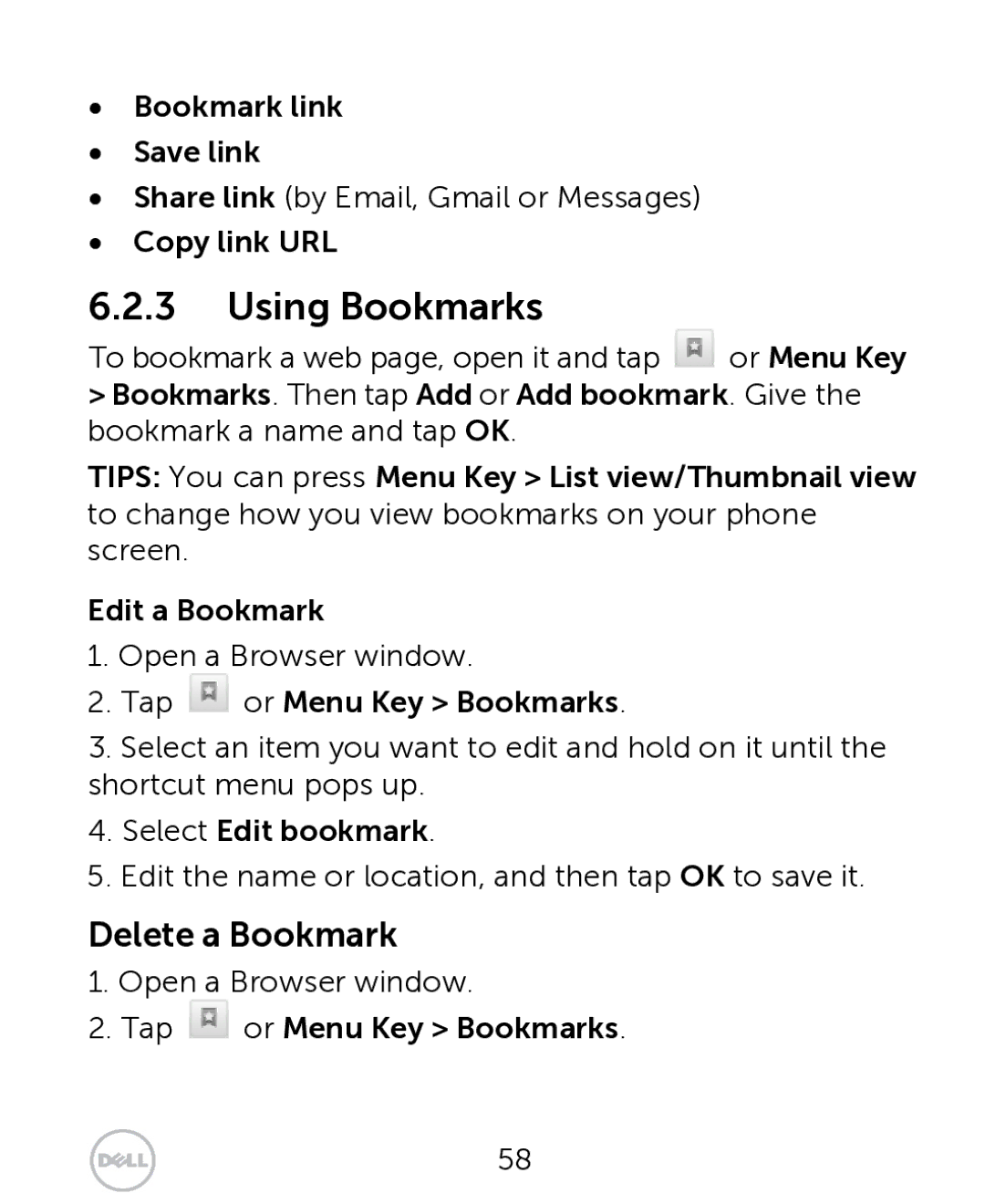 Dell XCD35 Using Bookmarks, Bookmark link Save link, Copy link URL, Tap or Menu Key Bookmarks, Select Edit bookmark 