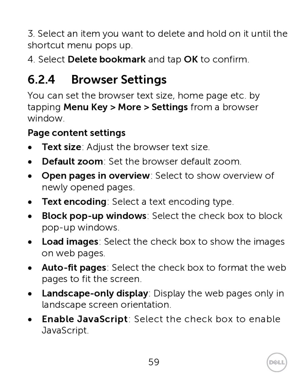 Dell XCD35 user manual Browser Settings, Content settings 