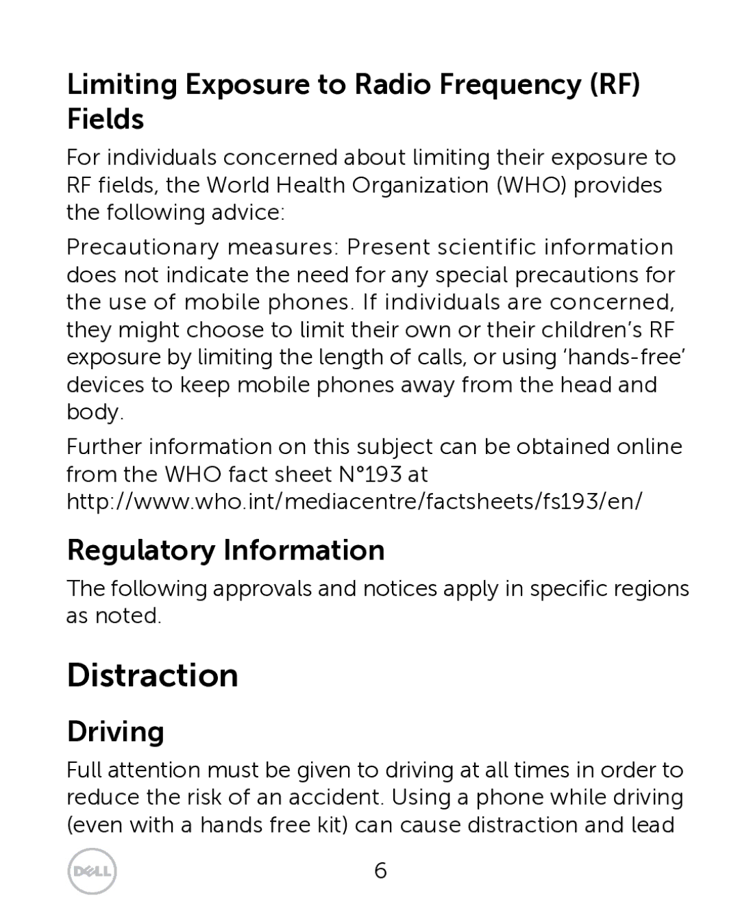 Dell XCD35 user manual Distraction, Limiting Exposure to Radio Frequency RF Fields, Regulatory Information, Driving 