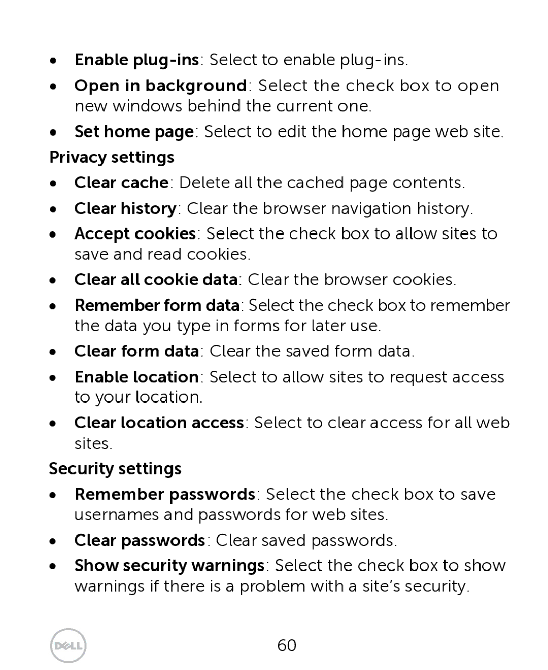 Dell XCD35 user manual Privacy settings, Security settings 