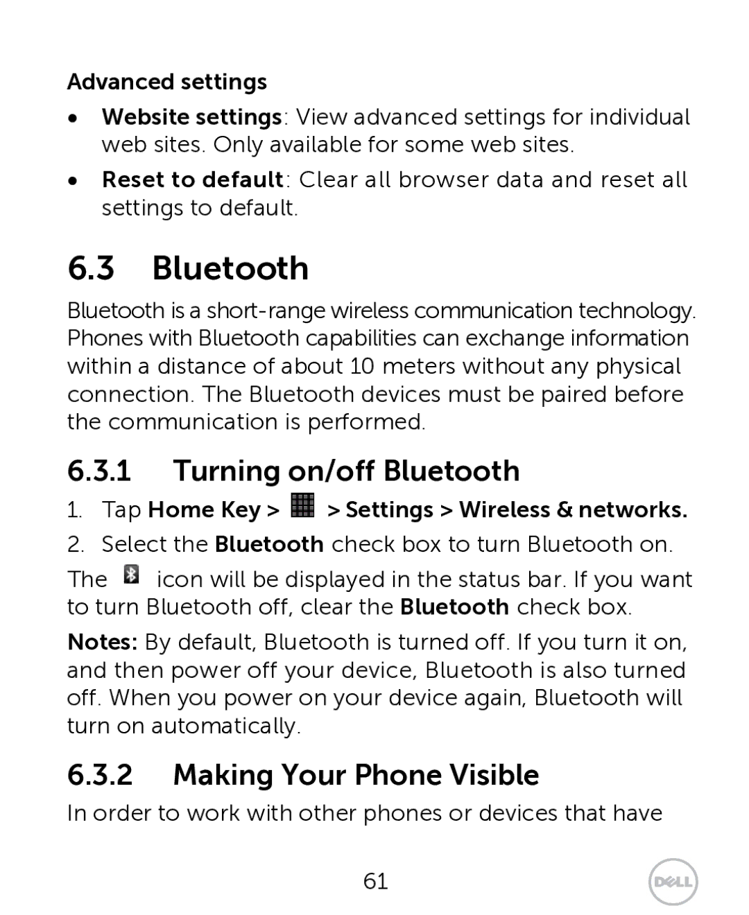 Dell XCD35 user manual Turning on/off Bluetooth, Making Your Phone Visible, Advanced settings 