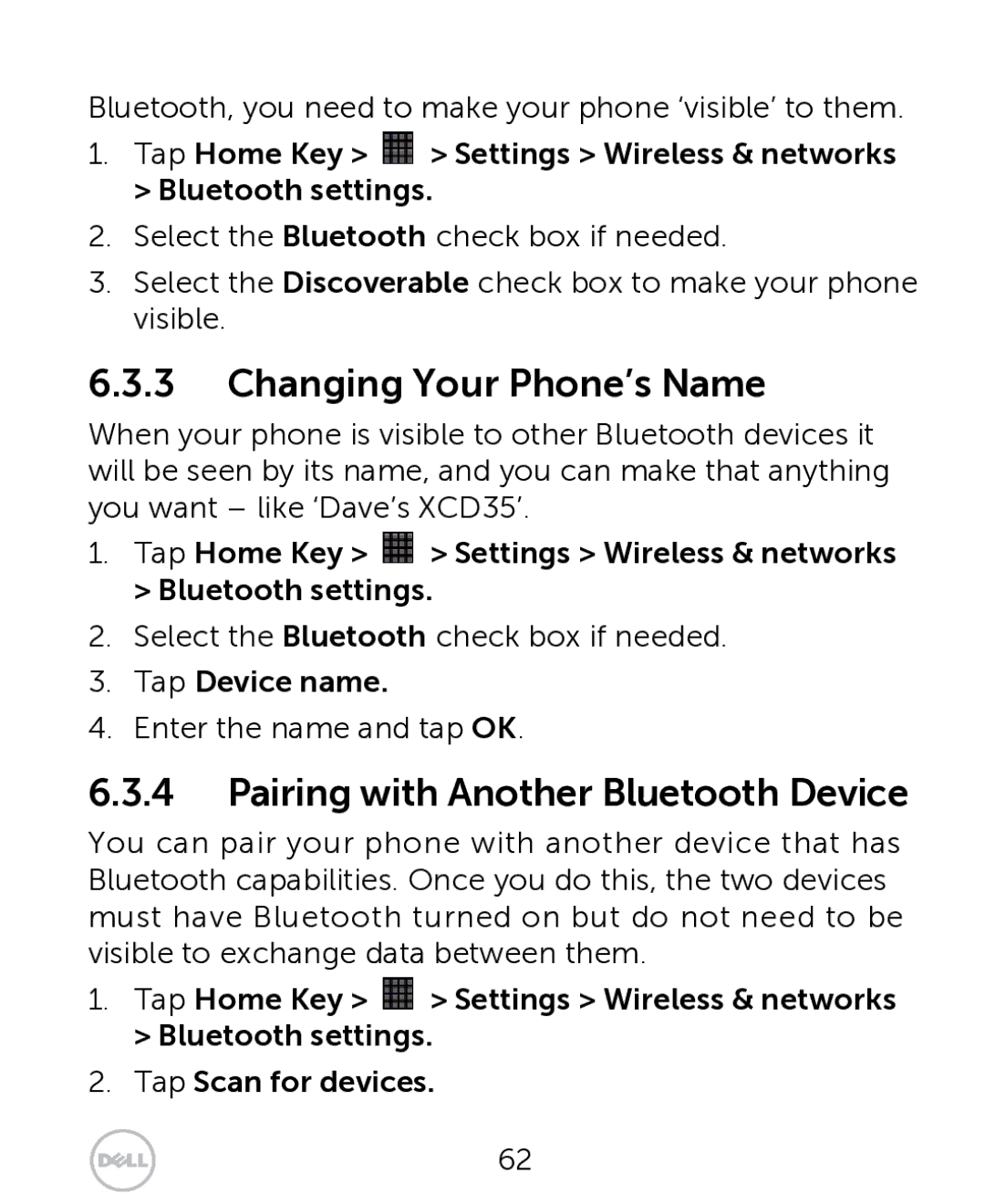 Dell XCD35 user manual Changing Your Phone’s Name, Pairing with Another Bluetooth Device, Tap Device name 