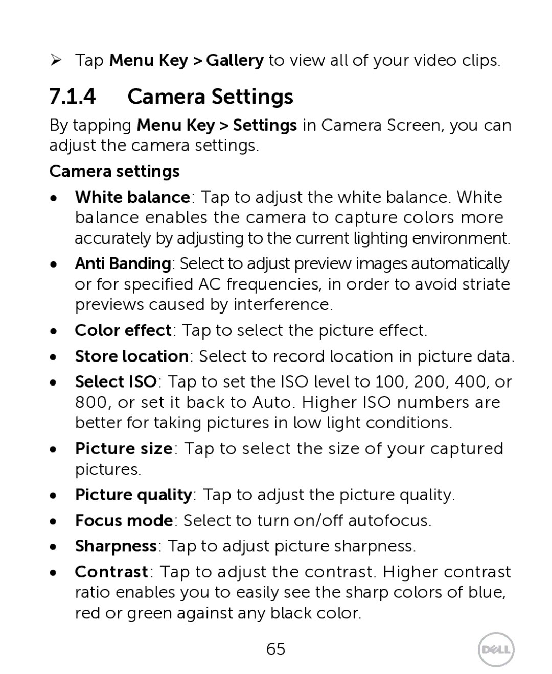 Dell XCD35 user manual Camera Settings, Camera settings 