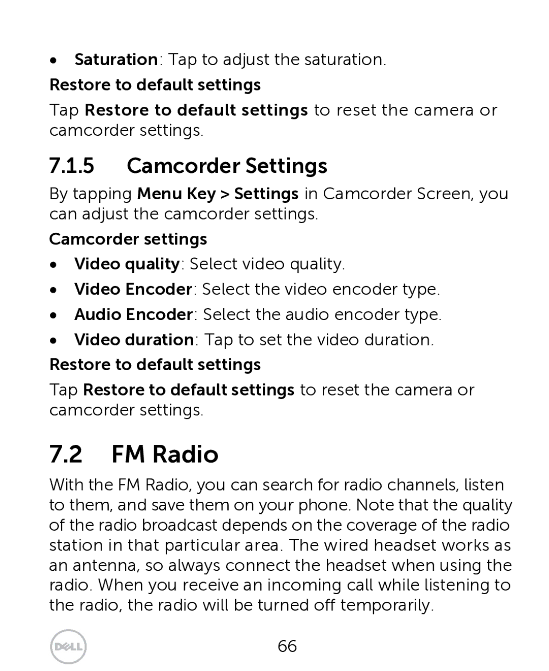 Dell XCD35 user manual FM Radio, Camcorder Settings, Camcorder settings 