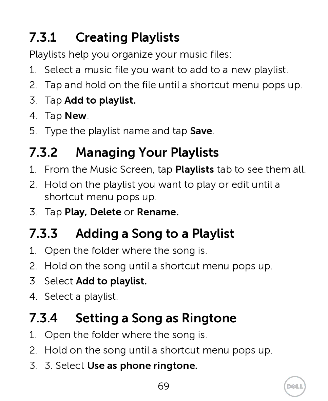 Dell XCD35 user manual Creating Playlists, Managing Your Playlists, Adding a Song to a Playlist, Setting a Song as Ringtone 