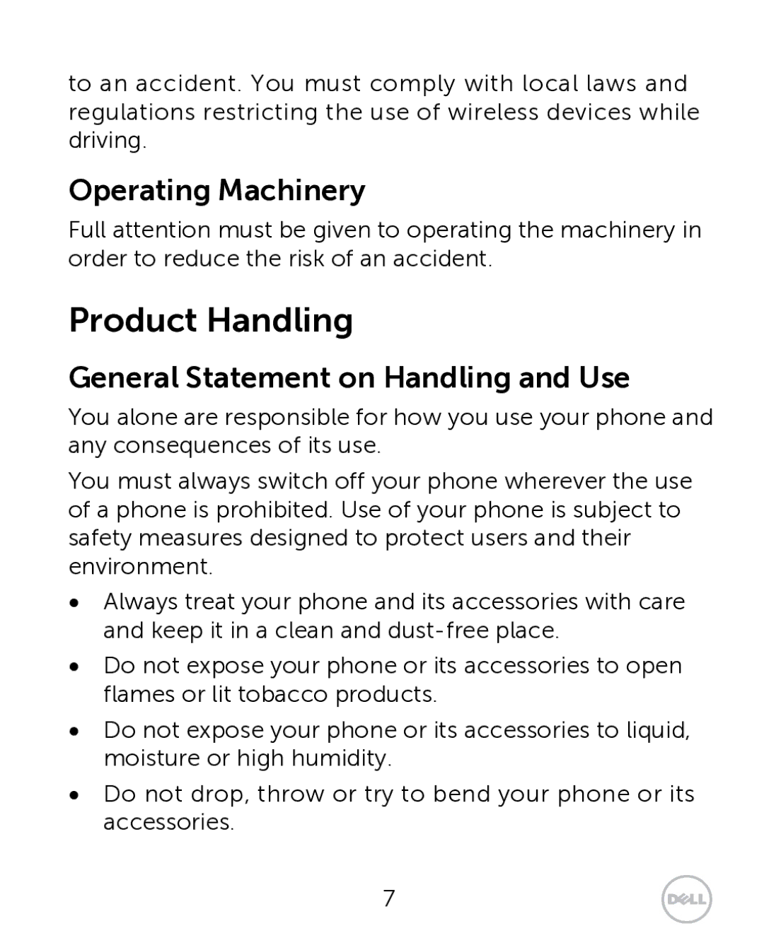 Dell XCD35 user manual Product Handling, Operating Machinery, General Statement on Handling and Use 