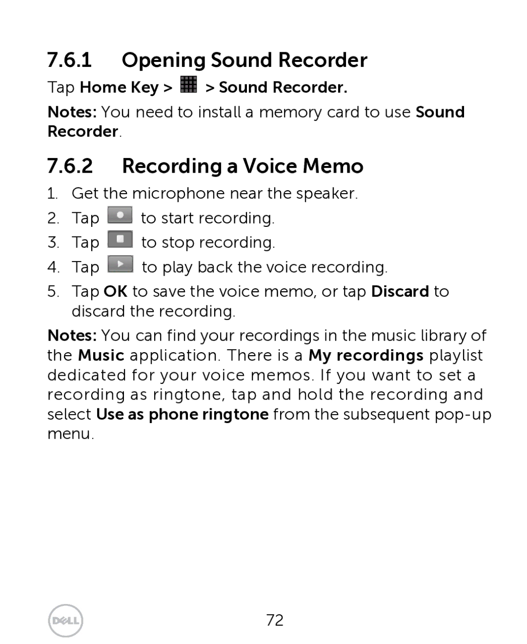 Dell XCD35 user manual Opening Sound Recorder, Recording a Voice Memo, Tap Home Key Sound Recorder 