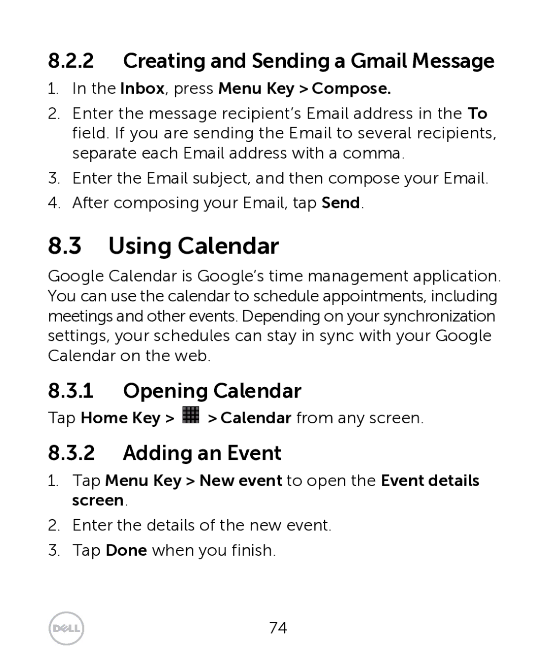 Dell XCD35 user manual Using Calendar, Creating and Sending a Gmail Message, Opening Calendar, Adding an Event 