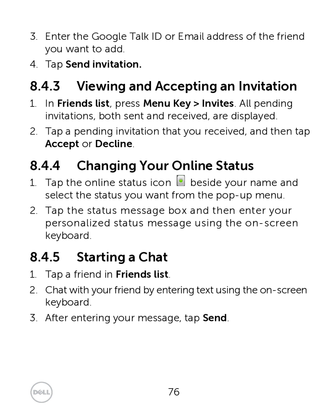 Dell XCD35 Viewing and Accepting an Invitation, Changing Your Online Status, Starting a Chat, Tap Send invitation 