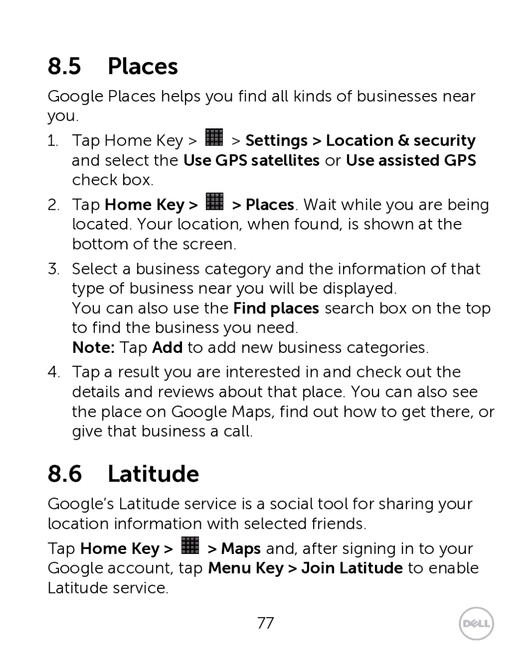 Dell XCD35 user manual Places, Latitude 