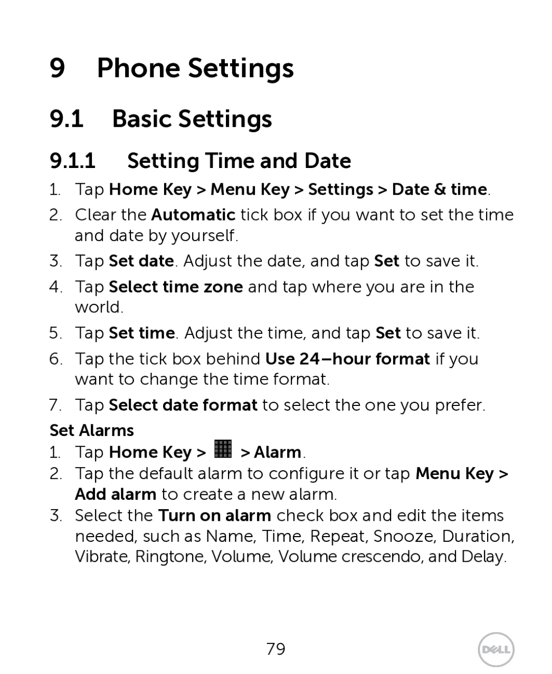 Dell XCD35 user manual Phone Settings, Basic Settings, Setting Time and Date, Tap Home Key Menu Key Settings Date & time 