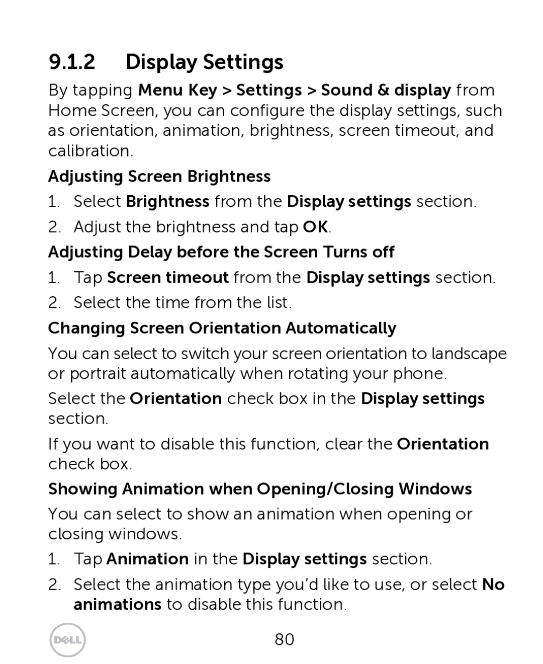 Dell XCD35 Display Settings, Changing Screen Orientation Automatically, Showing Animation when Opening/Closing Windows 