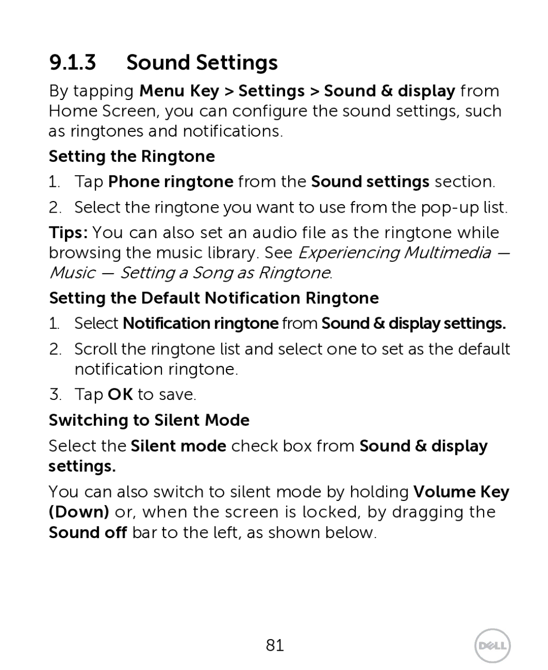 Dell XCD35 user manual Sound Settings, Setting the Default Notification Ringtone, Switching to Silent Mode 