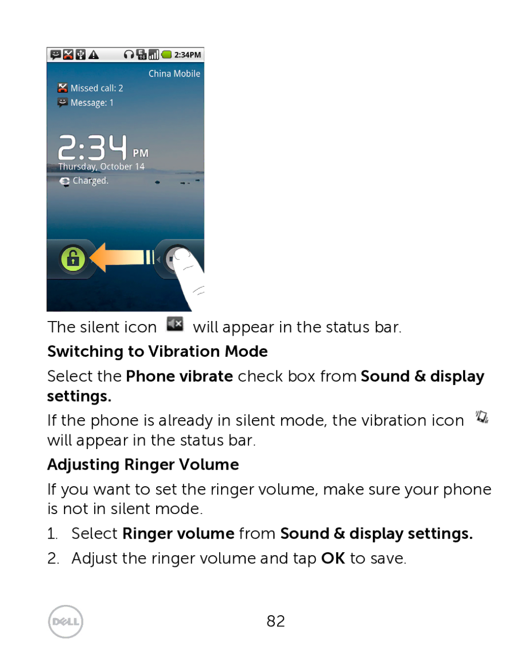 Dell XCD35 Switching to Vibration Mode, Adjusting Ringer Volume, Select Ringer volume from Sound & display settings 