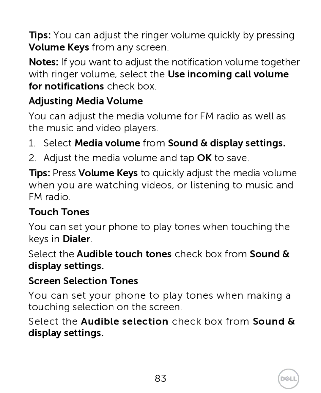 Dell XCD35 Adjusting Media Volume, Select Media volume from Sound & display settings, Touch Tones, Screen Selection Tones 