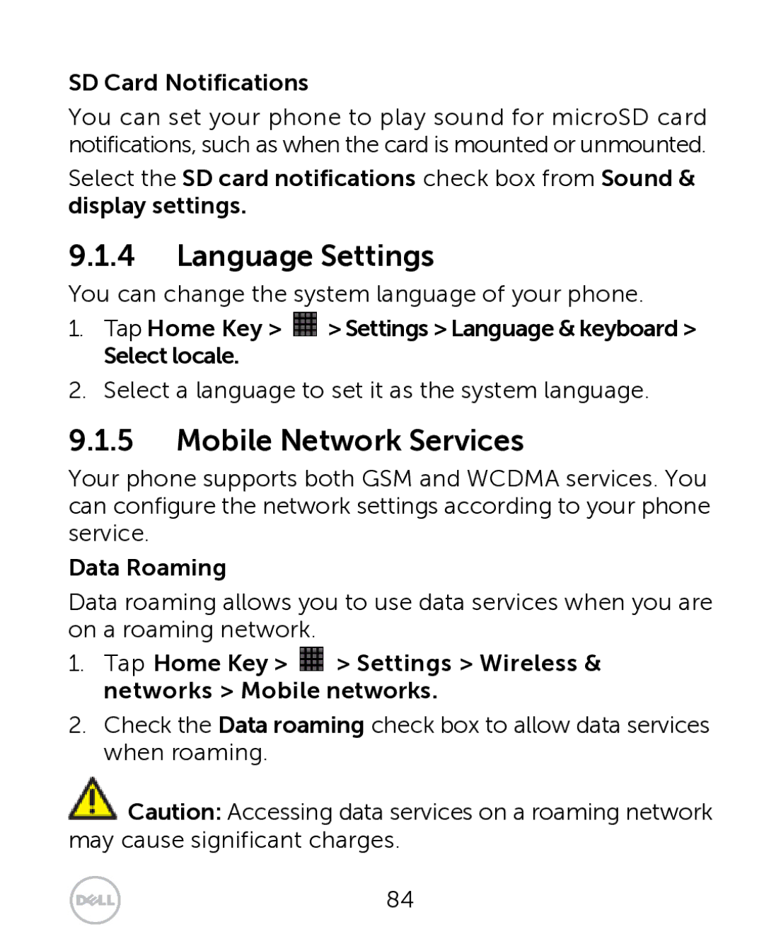 Dell XCD35 user manual Language Settings, Mobile Network Services 