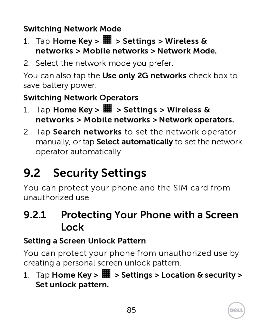 Dell XCD35 user manual Security Settings, Protecting Your Phone with a Screen Lock, Switching Network Mode 