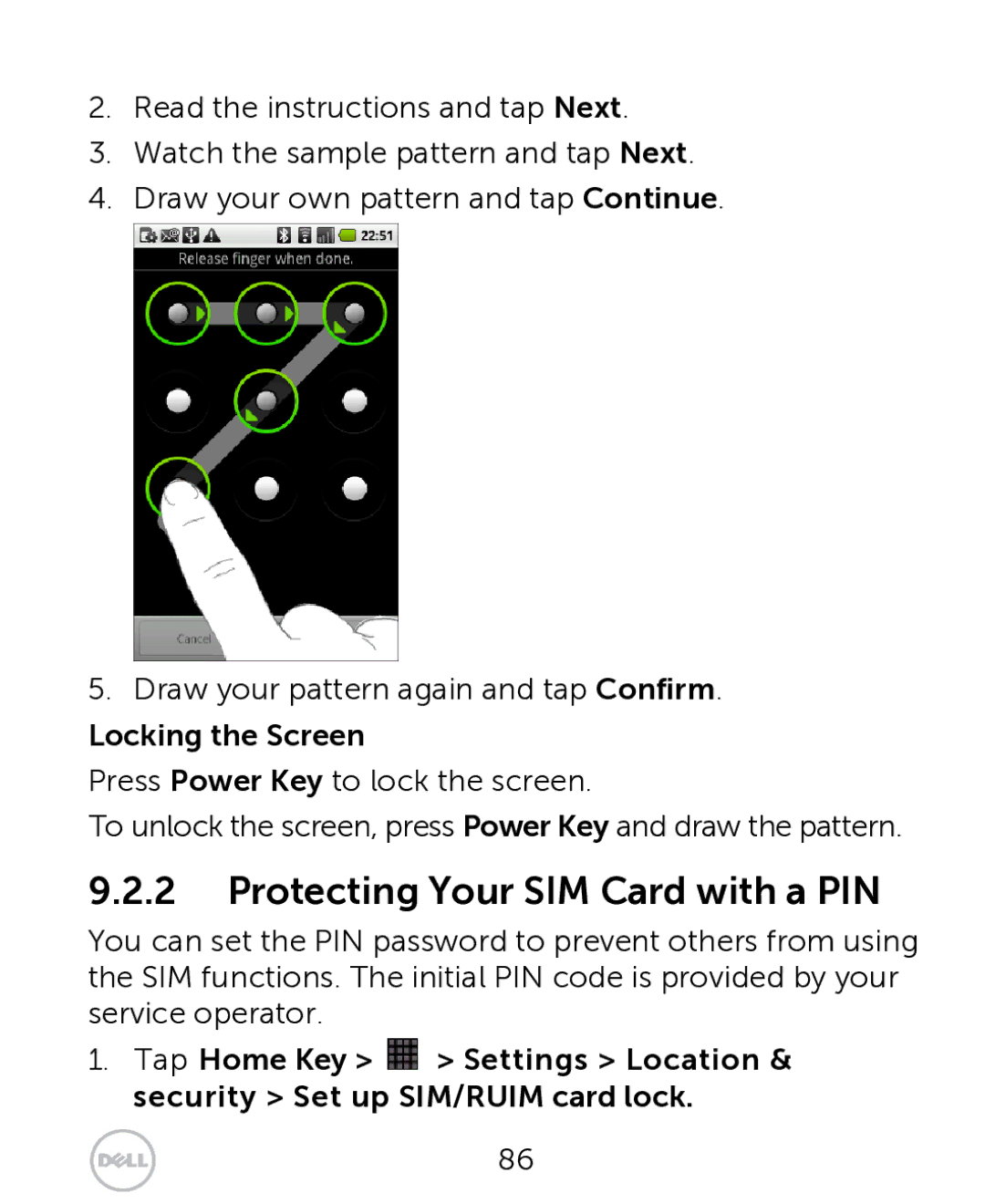 Dell XCD35 user manual Protecting Your SIM Card with a PIN, Locking the Screen 