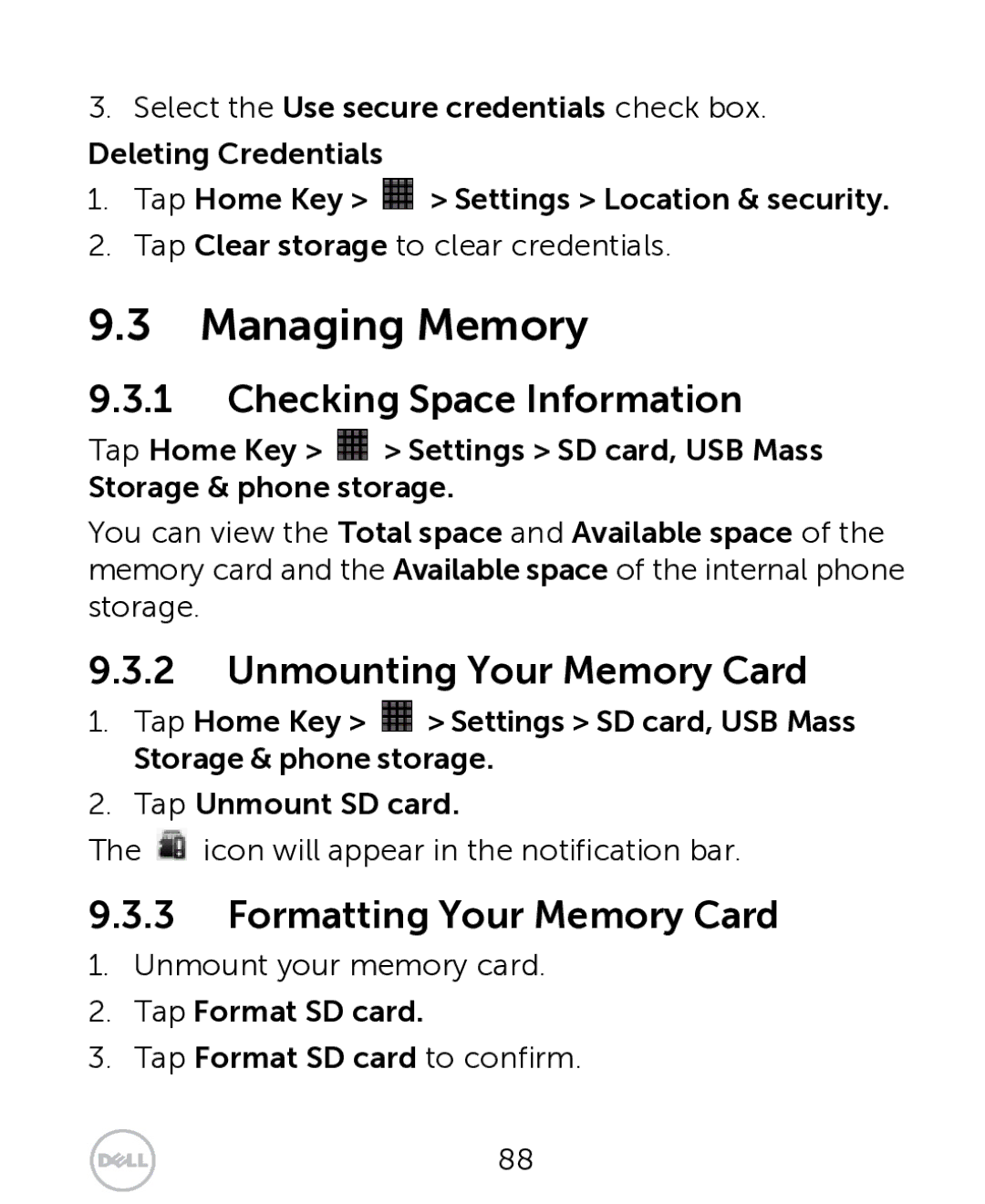 Dell XCD35 Managing Memory, Checking Space Information, Unmounting Your Memory Card, Formatting Your Memory Card 