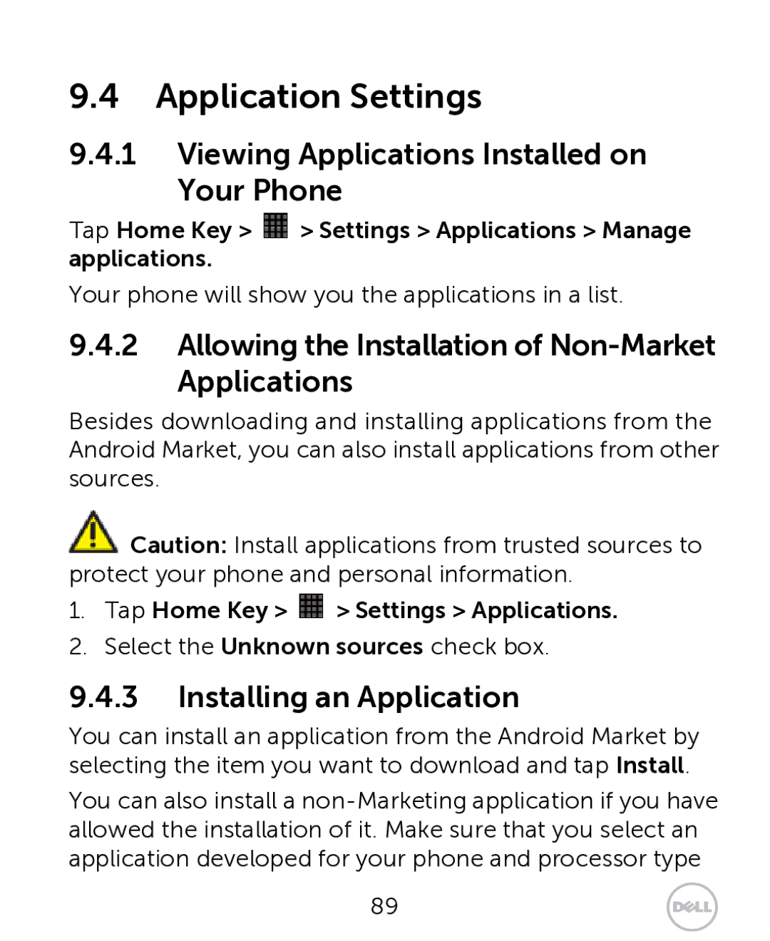 Dell XCD35 user manual Application Settings, Viewing Applications Installed on Your Phone, Installing an Application 