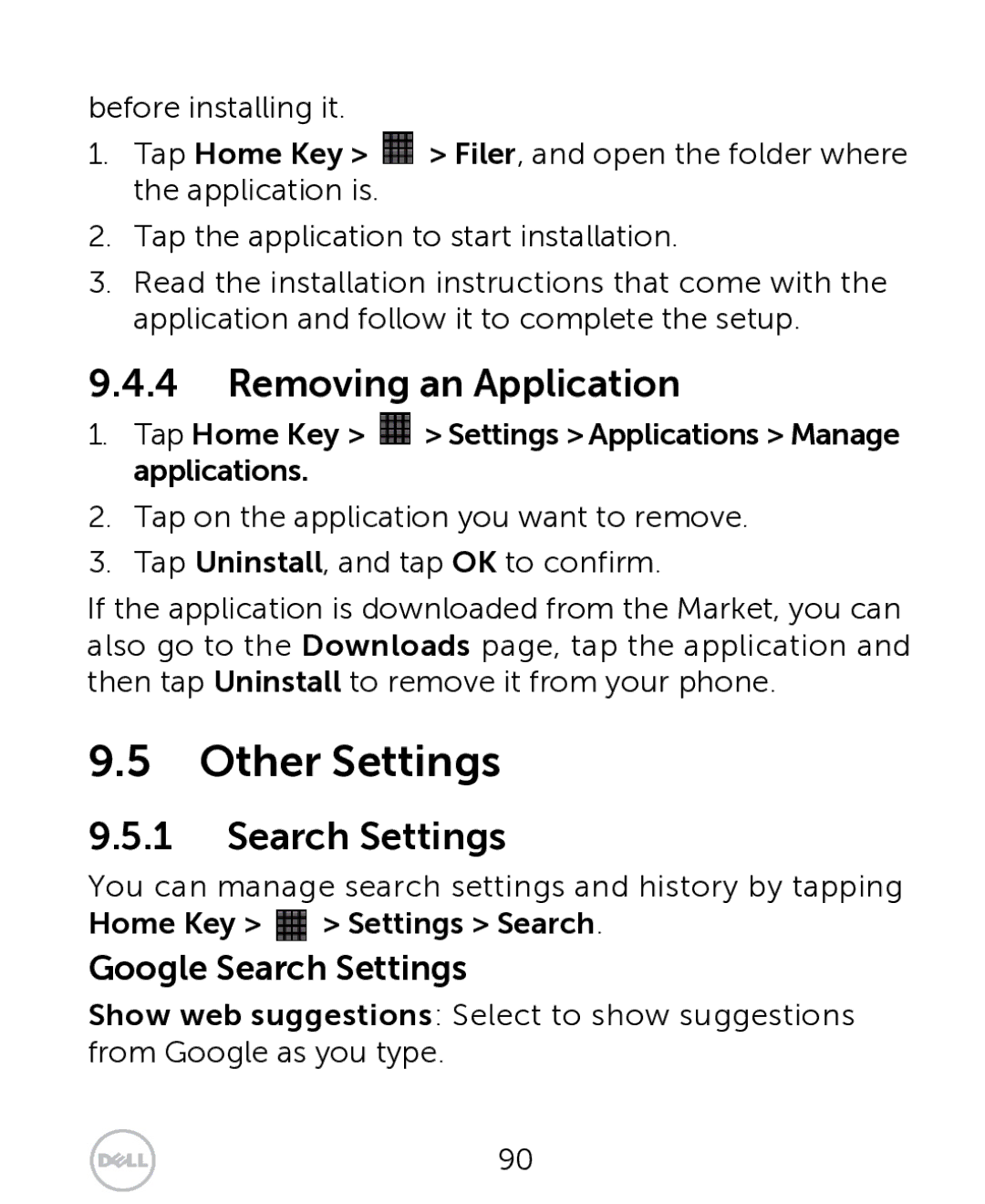 Dell XCD35 user manual Other Settings, Removing an Application, Search Settings 