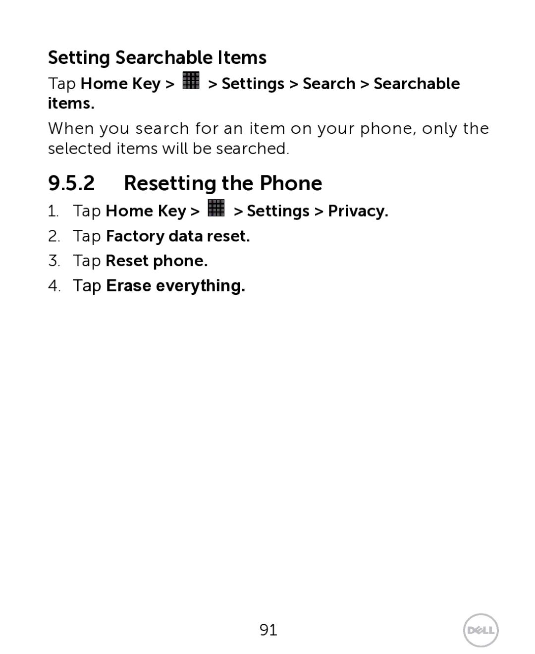 Dell XCD35 user manual Resetting the Phone, Tap Home Key Settings Search Searchable items 