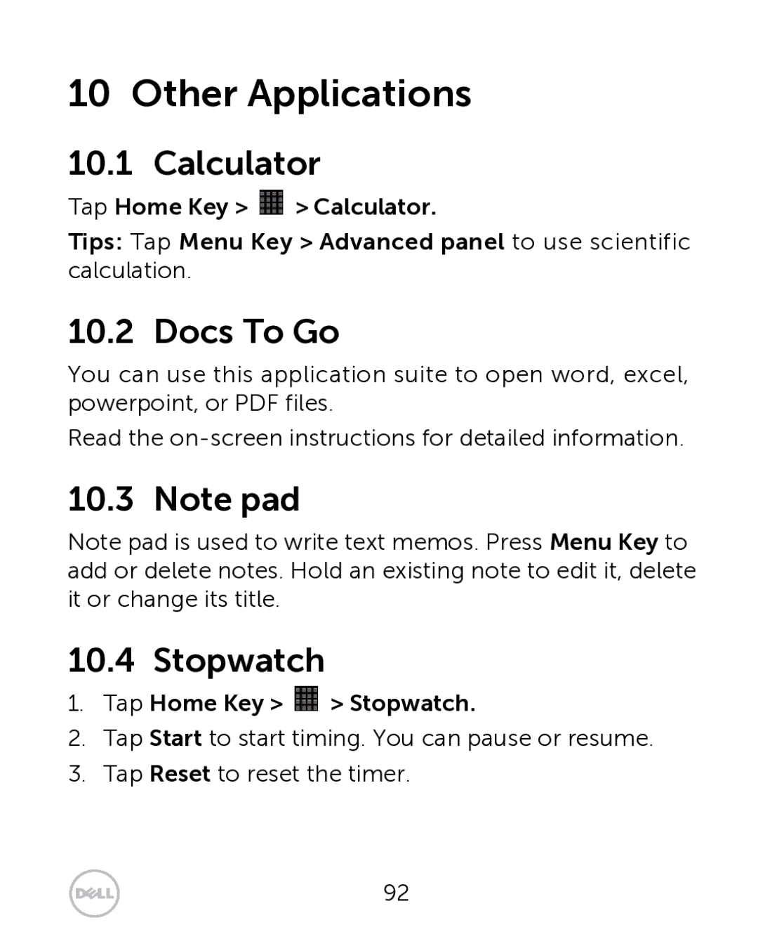 Dell XCD35 user manual Other Applications, Calculator, Docs To Go, Tap Home Key Stopwatch 