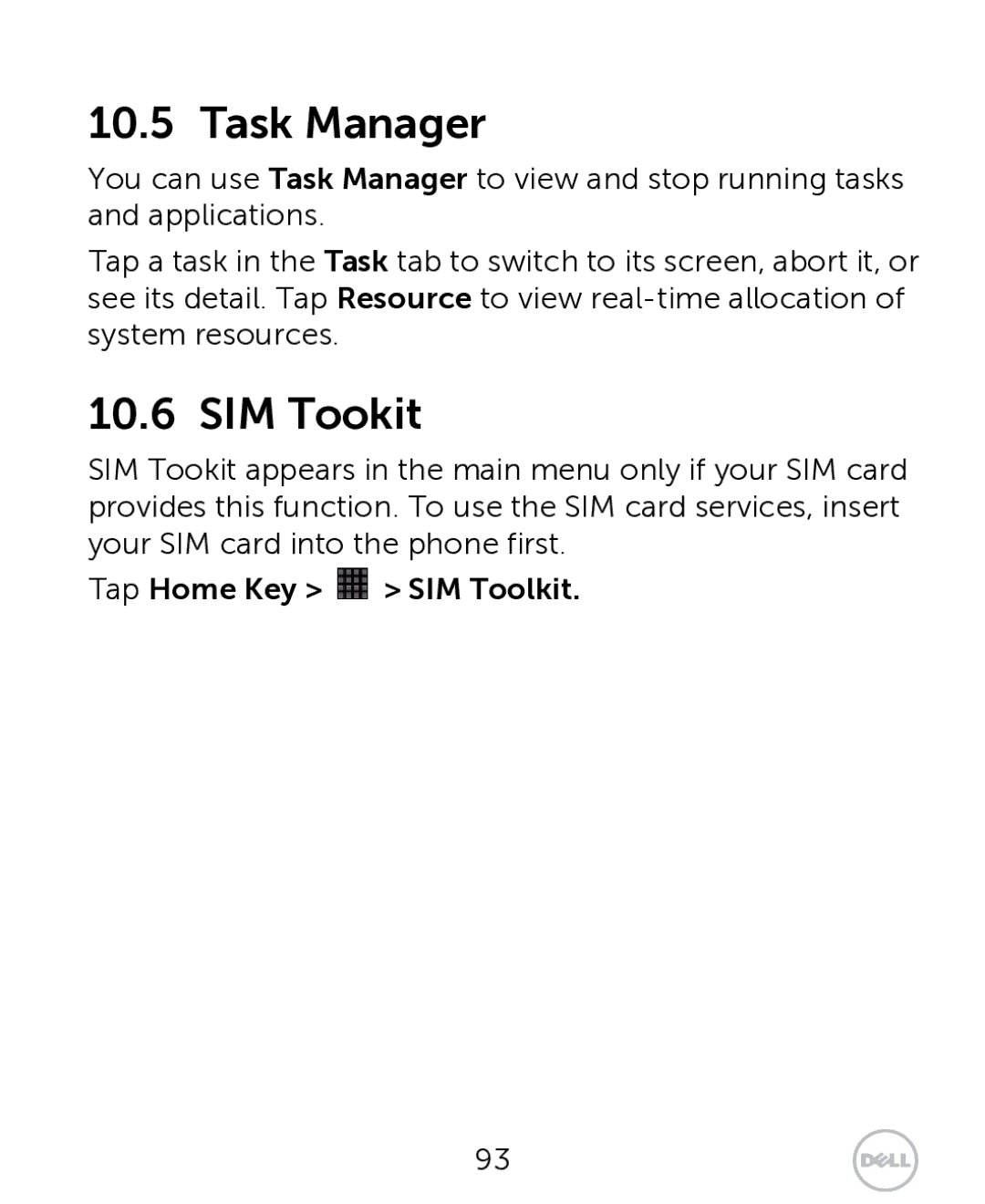 Dell XCD35 user manual Task Manager, SIM Tookit, Tap Home Key SIM Toolkit 