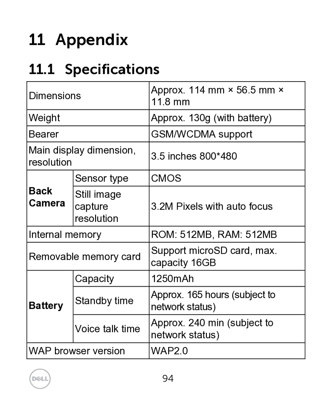 Dell XCD35 user manual Appendix, Specifications, Back, Camera, Battery 