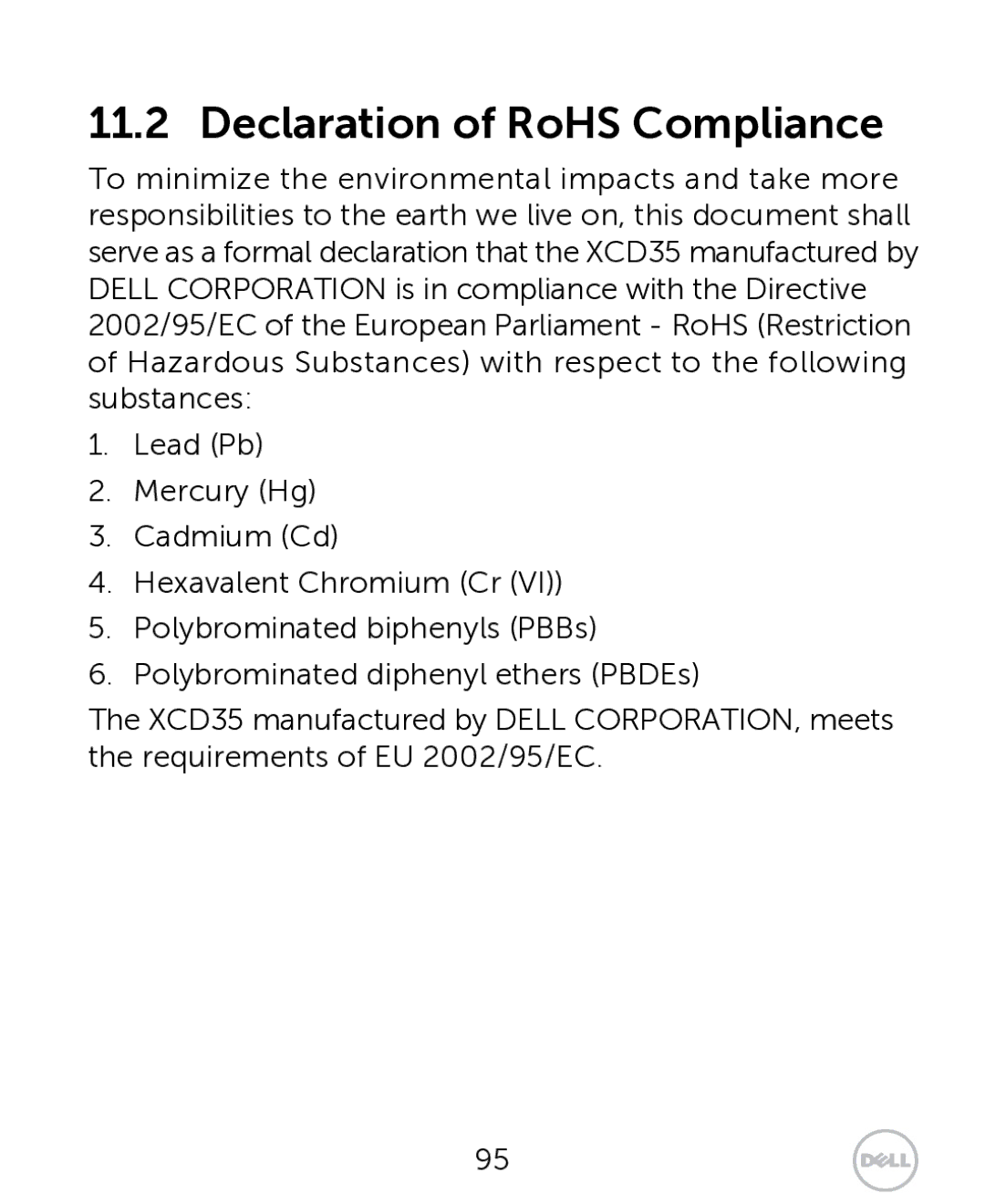 Dell XCD35 user manual Declaration of RoHS Compliance 