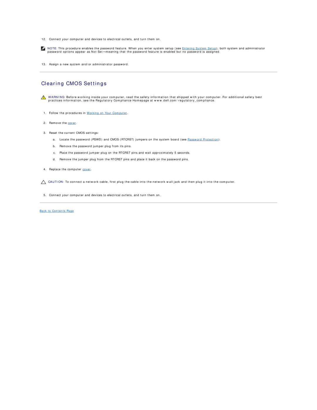 Dell XE specifications Clearing Cmos Settings 