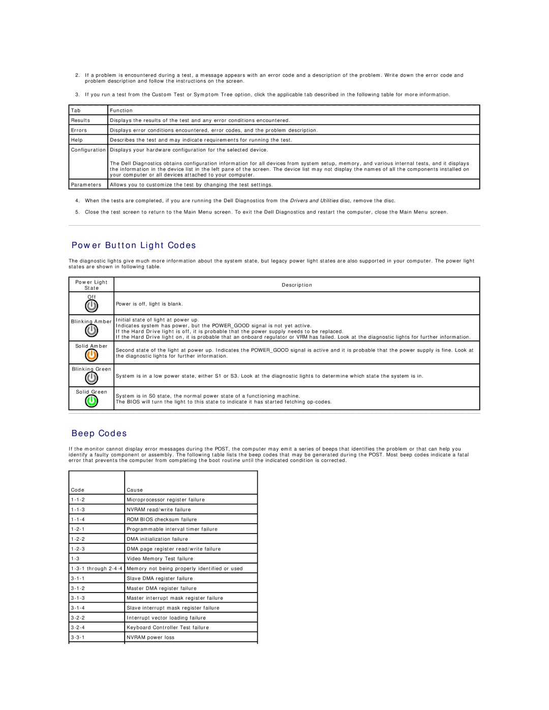 Dell XE specifications Power Button Light Codes, Beep Codes 