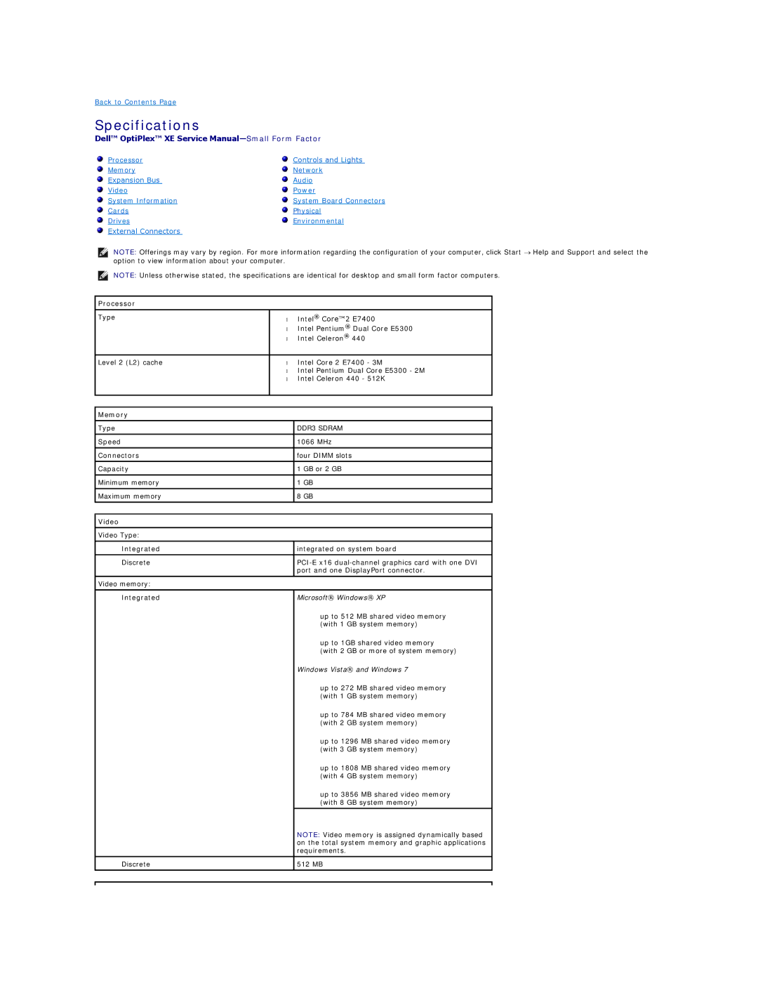 Dell XE specifications Specifications, Processor, Memory, Video 