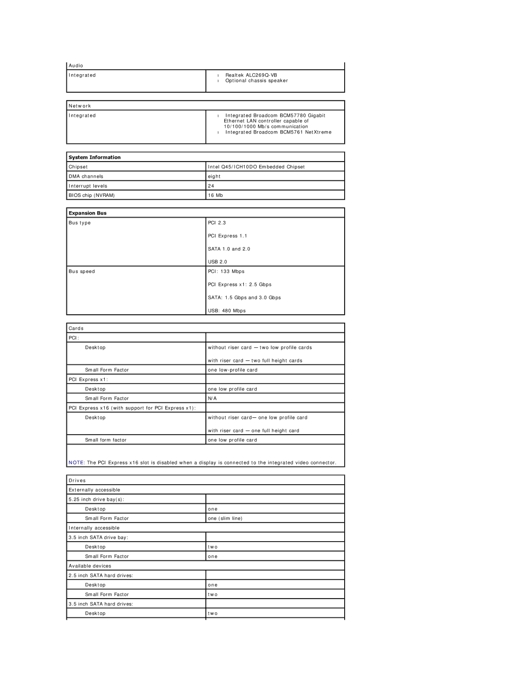 Dell XE specifications Network, System Information, Expansion Bus, Cards, Drives 