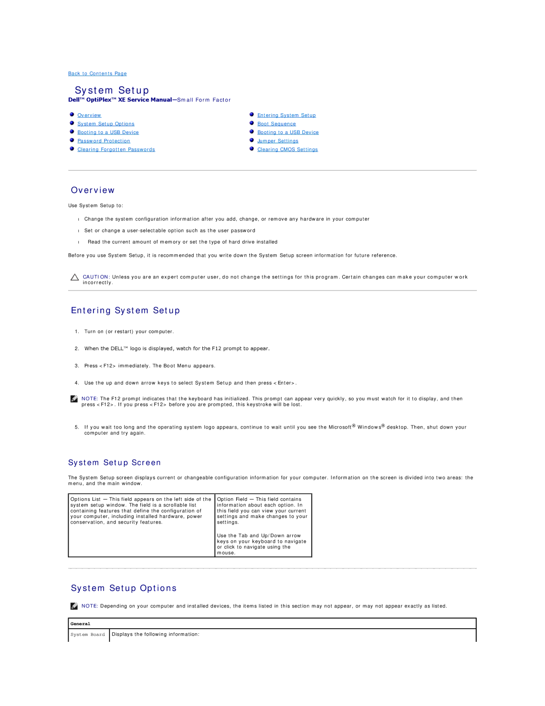 Dell XE specifications Overview, Entering System Setup, System Setup Options, System Setup Screen 