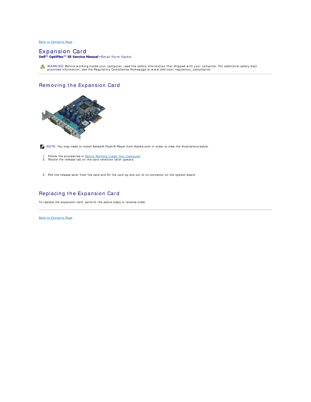 Dell XE specifications Removing the Expansion Card, Replacing the Expansion Card 