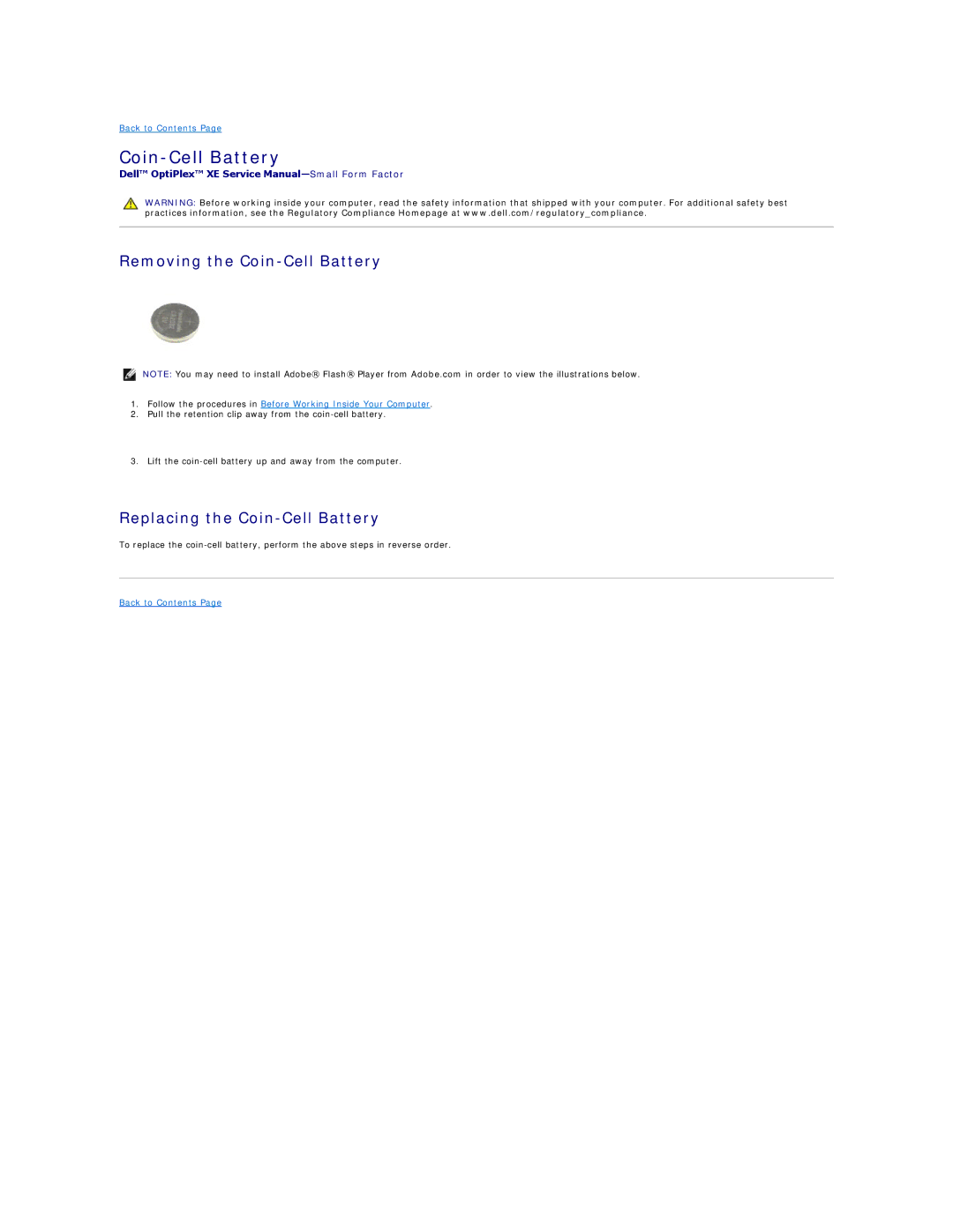 Dell XE specifications Removing the Coin-Cell Battery, Replacing the Coin-Cell Battery 
