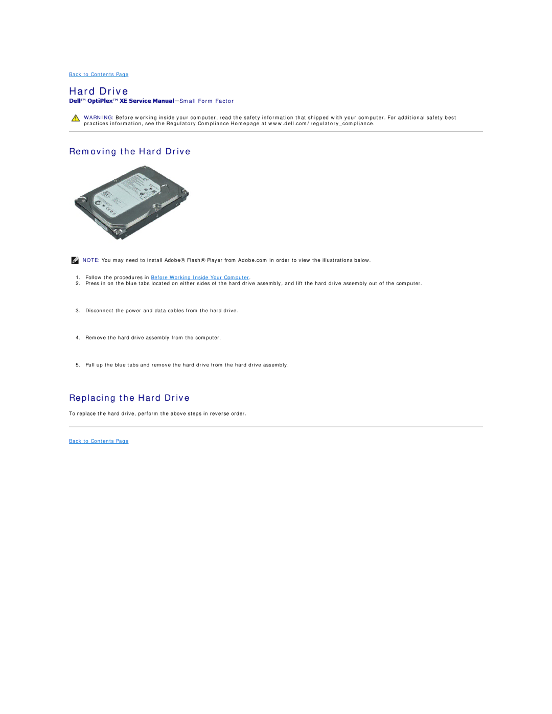 Dell XE specifications Removing the Hard Drive, Replacing the Hard Drive 