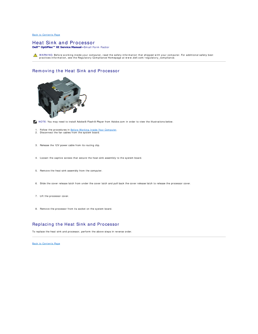 Dell XE specifications Removing the Heat Sink and Processor, Replacing the Heat Sink and Processor 