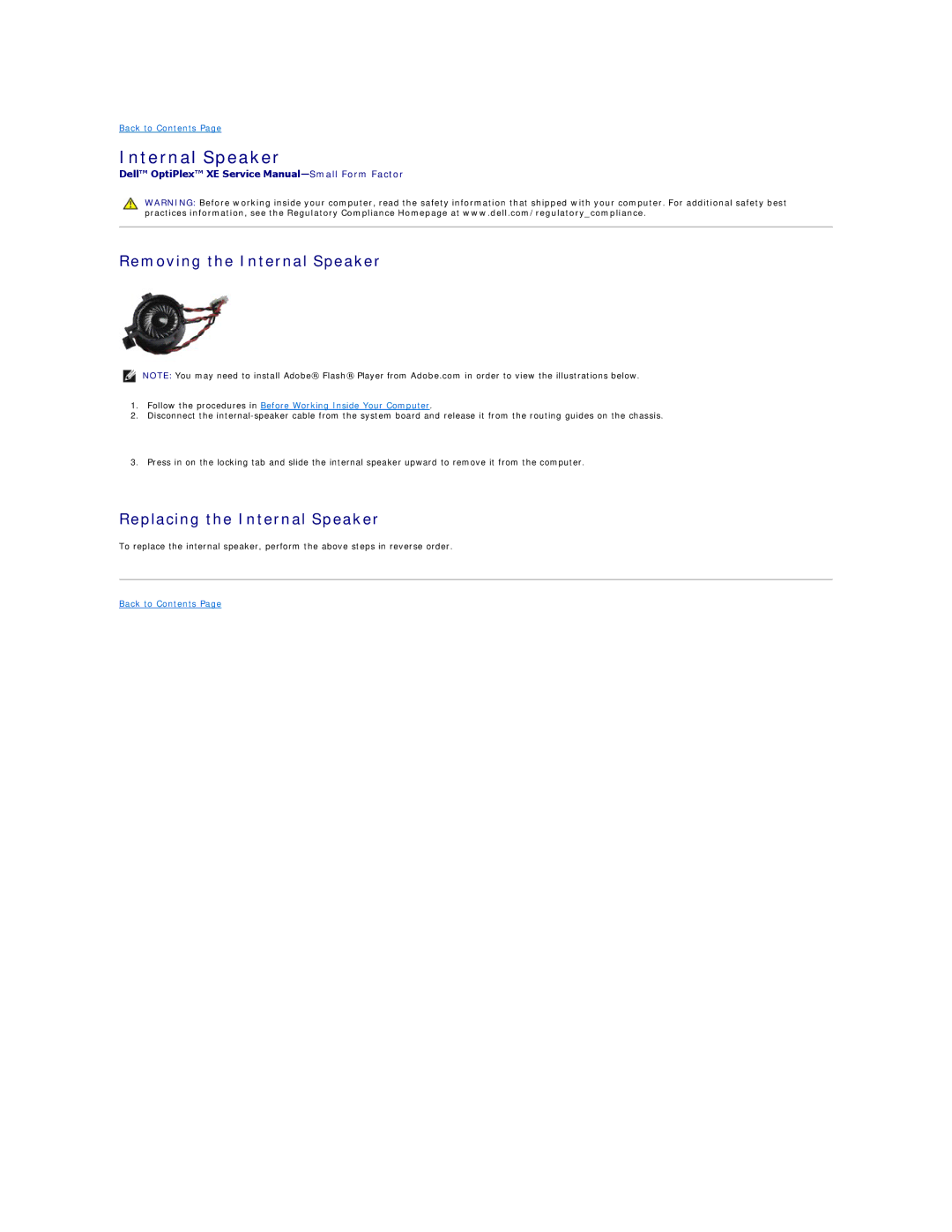 Dell XE specifications Removing the Internal Speaker, Replacing the Internal Speaker 