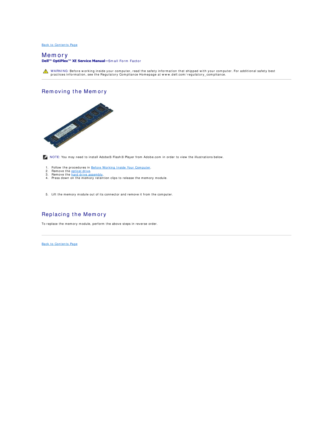Dell XE specifications Removing the Memory, Replacing the Memory 
