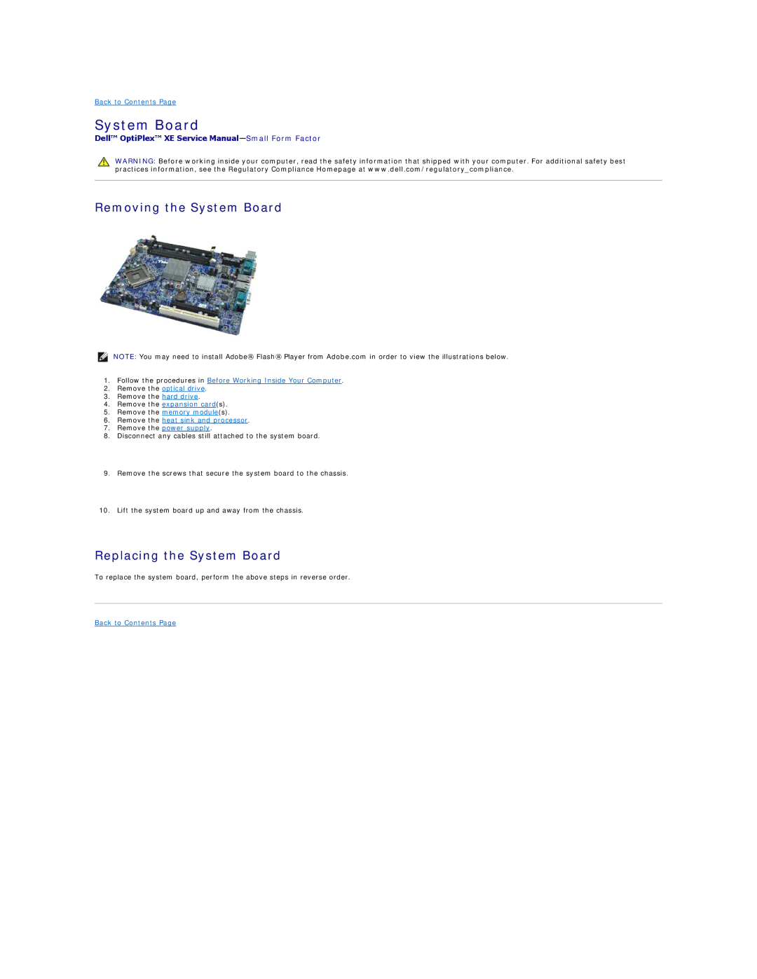 Dell XE specifications Removing the System Board, Replacing the System Board 