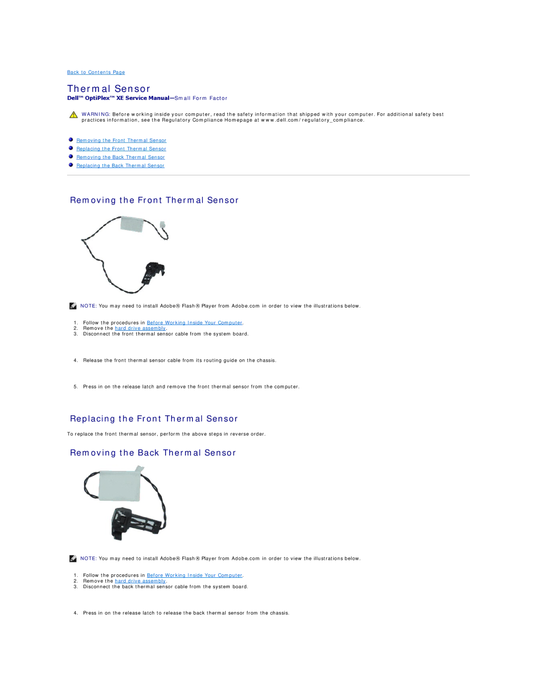 Dell XE Removing the Front Thermal Sensor, Replacing the Front Thermal Sensor, Removing the Back Thermal Sensor 