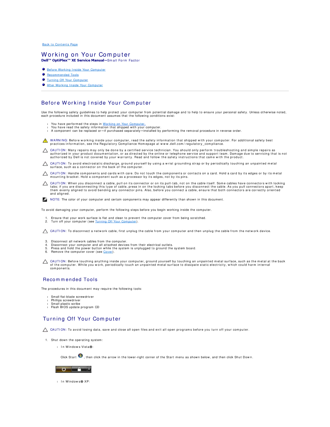 Dell XE Working on Your Computer, Before Working Inside Your Computer, Turning Off Your Computer, Recommended Tools 