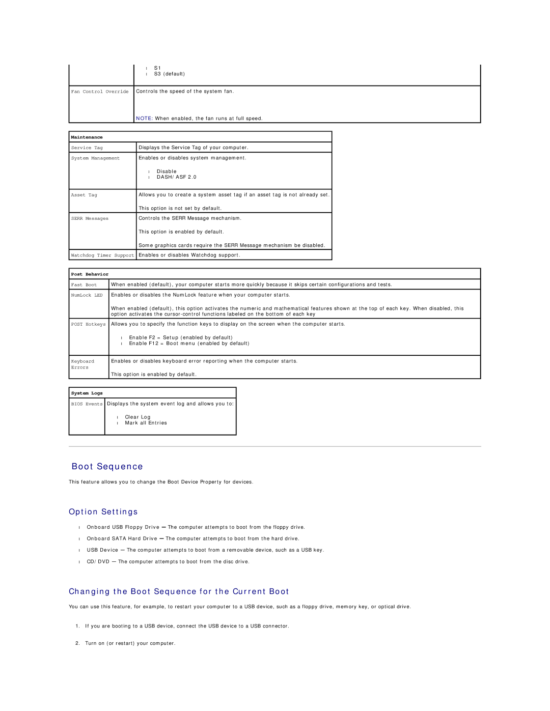 Dell XE Option Settings, Changing the Boot Sequence for the Current Boot, Enable F12 = Boot menu enabled by default 