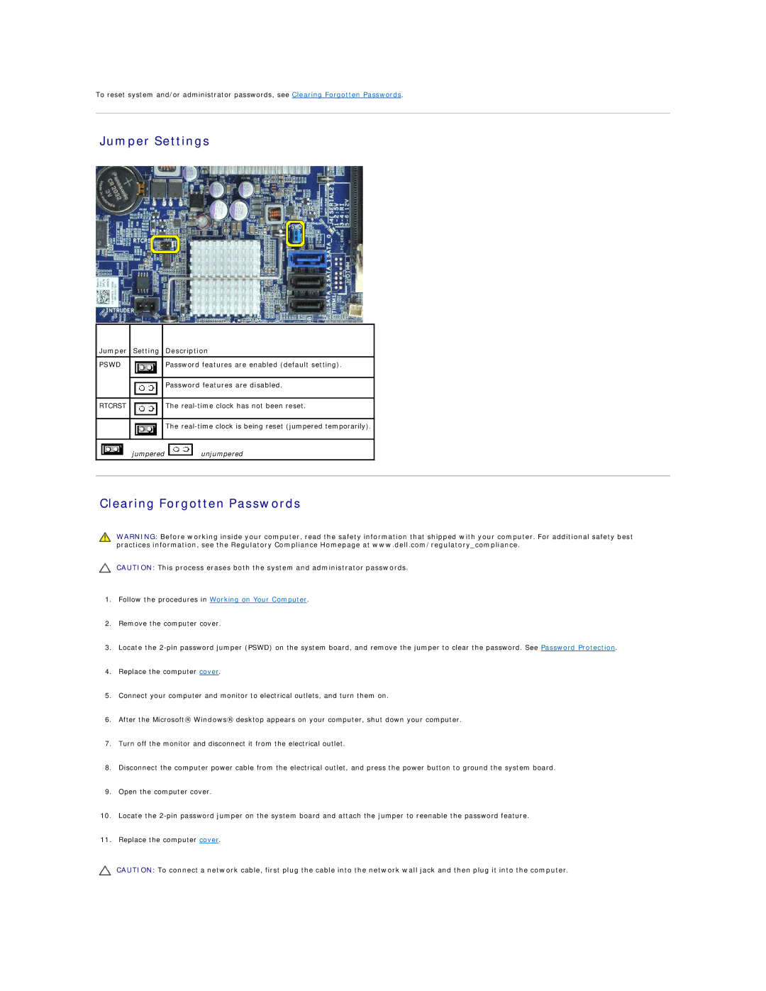 Dell XE specifications Jumper Settings, Clearing Forgotten Passwords, Jumper Setting Description 